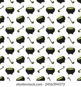 Witchs cauldron with boiling magic potion. Seamless pattern. 