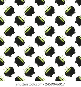 Witchs cauldron with boiling magic potion. Seamless pattern. 