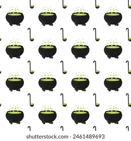 Witchs cauldron with boiling magic potion. Seamless pattern. 