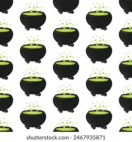 Witchs cauldron with boiling magic potion. Seamless pattern. 