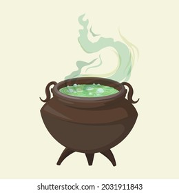 A witch's cauldron of boiling potion. Hand drawn vector illustration isolated on background.