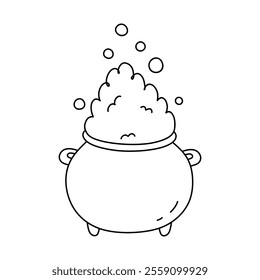 A witch's cauldron of boiling potion isolated on a white background. Hand-drawn vector illustration in doodle style. Perfect for decorations, logo and Halloween designs.