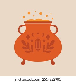 Caldero de bruja con poción hirviendo. Ilustración aislada de Vector simple para celebrar Halloween. Para el Anuncio, tarjeta, etiqueta engomada. Brujería. Arte de Clip con olla de hierro mágico, accesorio de mago.