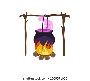 The witch's cauldron boils on the fire. Pink poison. Halloween illustration. Vector.