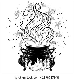 Witch's cauldron and butterflies, magical thing, Wiccan magic. Vector black and white drawing, engraving.