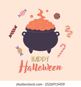 Witch's cauldron with candies. Happy Halloween card. October holiday postcard.