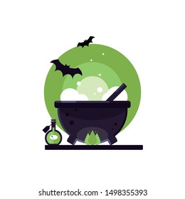 Witch's cauldron. Cooking poison. Near a bottle of poison. Bats are flying. Glow from the poison. Image for Halloween. October 31. Green style. Icon for the holiday