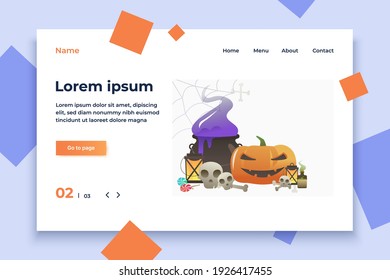 Witchs cauldron of dark blue potion with skulls, pumpkin and lanterns. Spiderweb, bones, death, candy. Vector illustration for leaflet, poster, banner