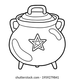 The witch's cauldron. Decorated with a pentagram. Coloring page. 