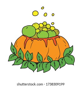 Witch's cauldron in the form of a pumpkin, isolated on a white background. Magic potion. Symbol of witchcraft. Dark boiling cauldron. Traditional element of Halloween. Vector illustration.