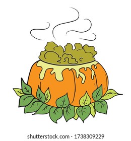 Witch's cauldron in the form of a pumpkin, isolated on a white background. Magic potion. Symbol of witchcraft. Dark boiling cauldron. Traditional element of Halloween. Vector illustration.