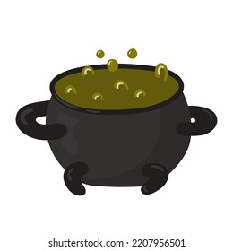 Witch's cauldron with green bubbling potion. Magic liquid. Witchcraft symbol. Dark boiling cauldron. Traditional Halloween element. Vector illustration.