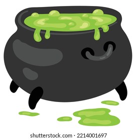 Witch's cauldron with green potion. Halloween theme. Hand drawn vector illustration. Suitable for website, stickers, postcards.