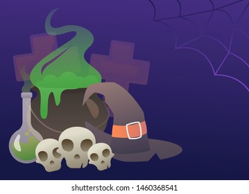 Witchs cauldron of green potion with skulls, hat and lab flask. Cartoon objects on dark blue background. Vector illustration can be used for topics like Halloween, night festival, holiday