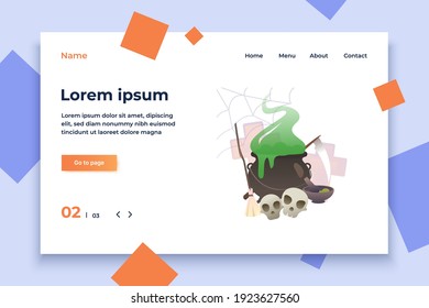 Witchs cauldron of green potion with skulls, brush and scythe. Spiderweb, crosses, death, mortar and pestle. Vector illustration can be used for topics like Halloween, night festival, holiday