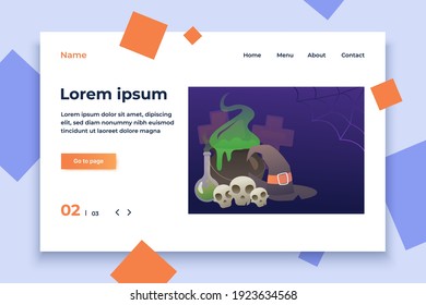 Witchs cauldron of green potion with skulls, hat and lab flask. Cartoon objects on dark blue background. Vector illustration can be used for topics like Halloween, night festival, holiday