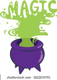 
Witch's cauldron with green smoke and the word magic. Suitable for Halloween decoration, costume parties, packaging design.