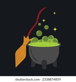 witch's cauldron with a gurgling potion and a flying broom on a black background. Illustration for halloween, October 31, all saints day.