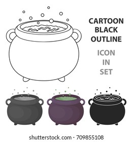 Witch's cauldron icon in cartoon style isolated on white background. Black and white magic symbol stock vector illustration.
