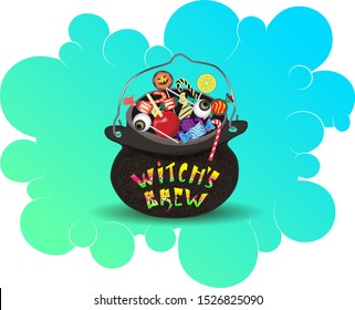 Witch's cauldron with the inscription "Witch's Brew" full of sweets and sweets. Funny cartoon art for mugs, labels, stickers, gift tags, flyers, printing on t-shirts. Vector illustration