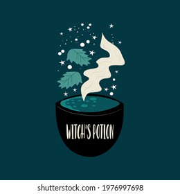 Witch's cauldron with the inscription Witch's potion. Vector illustration for the holiday halloin 