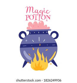 Witch's cauldron with magic brew. Cartoon halloween bubbly pink potion, magic vessel on fire. Vector illustration