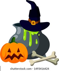 Witch's cauldron with magic elixir. Set of items for Halloween. Sorcerer's hat. Pumpkin face. Bones of skeleton and poison. Cartoon flat illustration