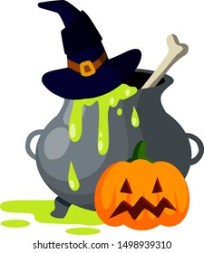 Witch's cauldron with magic elixir. Set of items for Halloween. Sorcerer's hat. Pumpkin face. Bones of skeleton and poison. Cartoon flat illustration