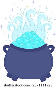 Witch's cauldron, a magic pot for Halloween with a blue potion. Vector steel cauldron with boiling magic brew or steaming slime. An isolated evil item for a wizard, enchantress or sorceress