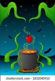 the witch's cauldron of magic potion is boiling on fire