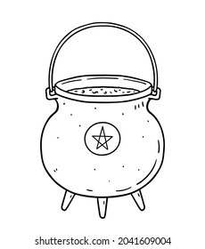 Witch's cauldron with magic potion isolated on white background. Symbol of witchcraft and wizardry. Hand-drawn vector illustration in doodle style. Perfect for Halloween designs, cards, logo.
