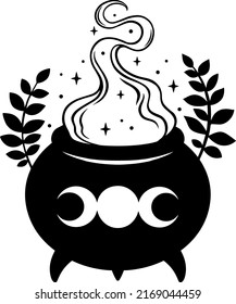 Witch's Cauldron with a magic potion and triple moon symbol. Vector illustration