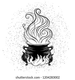 Witch's cauldron, magical thing, spell, witchcraft. Wiccan magic, black and white hand drawing