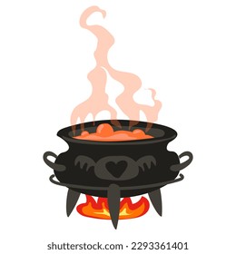 A witch's cauldron in a modern hand-painted style. An old cauldron with an orange potion stands over the fire. An old witch's bowler hat on three legs, smoke above it. Isolated vector illustration