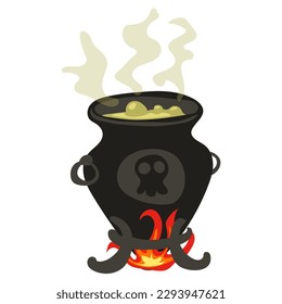 A witch's cauldron in a modern hand-painted style. An ancient cauldron with a green potion stands over the fire. An old witch's bowler hat on three legs, smoke above it. Isolated vector illustration