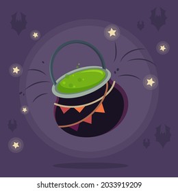 A witch's cauldron on the background of bats. An idea for Halloween. Vector illustration for a holiday.