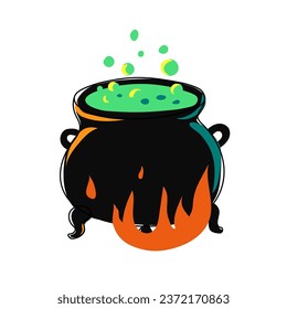 Witch's cauldron on a bonfire with a magical boiling green potion inside. Symbol of witchcraft. Traditional Halloween element. Bright object isolated. Hand drawn. Vector.