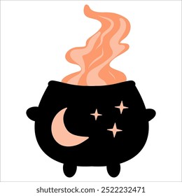 A witch's cauldron with orange flame vector illustration, cauldron with crescent moon and stars, peachy color 