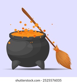 Witch's cauldron with orange potion, with witch's broom, isolated on lilac background, vector flat illustration. Boiling potion in a cauldron. Halloween party, festive atmosphere. Halloween attribute.