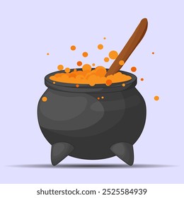 Witch's cauldron with orange potion, stirrer isolated on lilac background, vector flat illustration. Boiling potion in a cauldron. Halloween party, festive atmosphere. Halloween attribute.