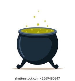 Witch's cauldron with poisonous green potion. Gurgling liquid in pot. Magic potion.