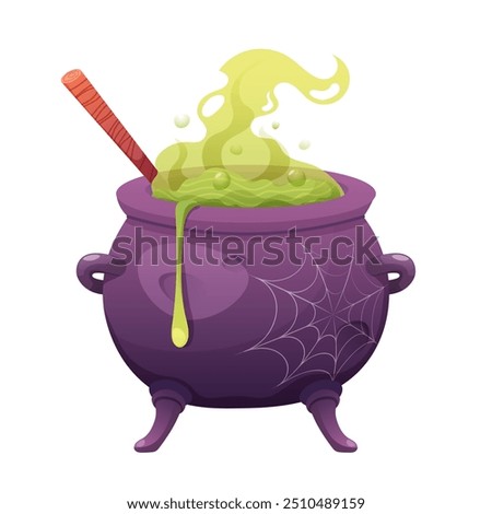 Witch's cauldron with poisonous green potion. Gurgling liquid in pot. Vector illustration on white background