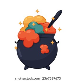 Witch's cauldron with potion in flat style on a white background. Cartoon witch's cauldron. Magic, potion, decor.