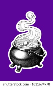 Witch's cauldron with potion, Halloween holiday illustration with hatching. Hand-drawn sketch linear Doodle. Black and white sticker of the object for poster, banner, invitation eps vector image