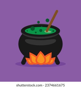 Witch's cauldron with potion icon. Flat design vector illustration.