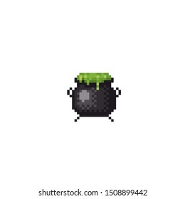Witch's cauldron with potion pixel art icon. Element design for logo, stickers, web, embroidery and mobile app. Isolated vector illustration. 8-bit sprite.