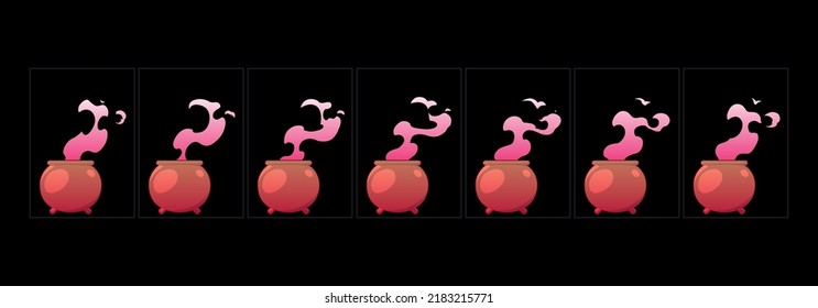 The witch's cauldron with potion smoke explosion sequence animation. design element sprite sheet for video game, wizard poison isolated Cartoon vector set.