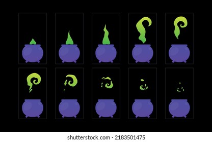 The witch's cauldron with potion smoke explosion sequence animation. design element sprite sheet for video game, wizard poison isolated Cartoon vector set.