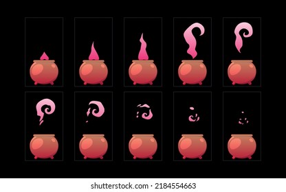 The witch's cauldron with potion smoke explosion sequence animation. design element sprite sheet for video game, wizard poison isolated Cartoon vector set.