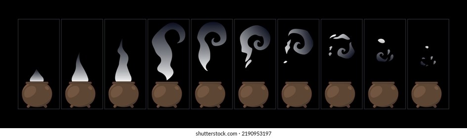 The witch's cauldron with potion smoke explosion sequence animation. design element sprite sheet for video game, wizard poison isolated Cartoon vector set.